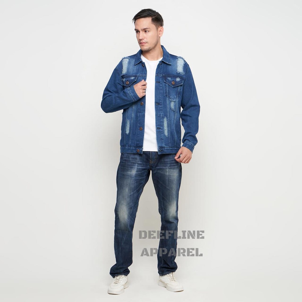 DEEFLINE - Jaket Jeans - Jaket Denim Pria - Jaket Ripped - Dark Blue