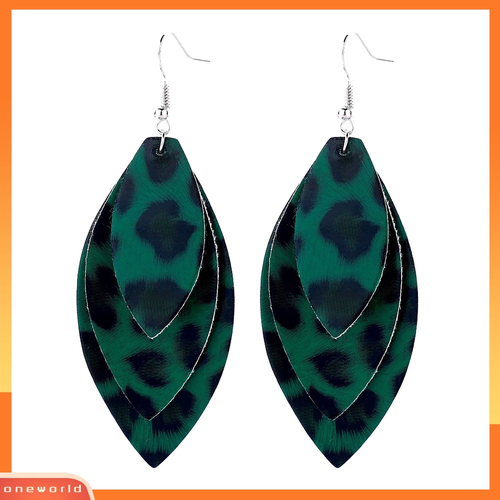 [WONE] Wanita Leopard Triple Layer Bentuk Daun Kulit Imitasi Anting Kait Menjuntai Panjang