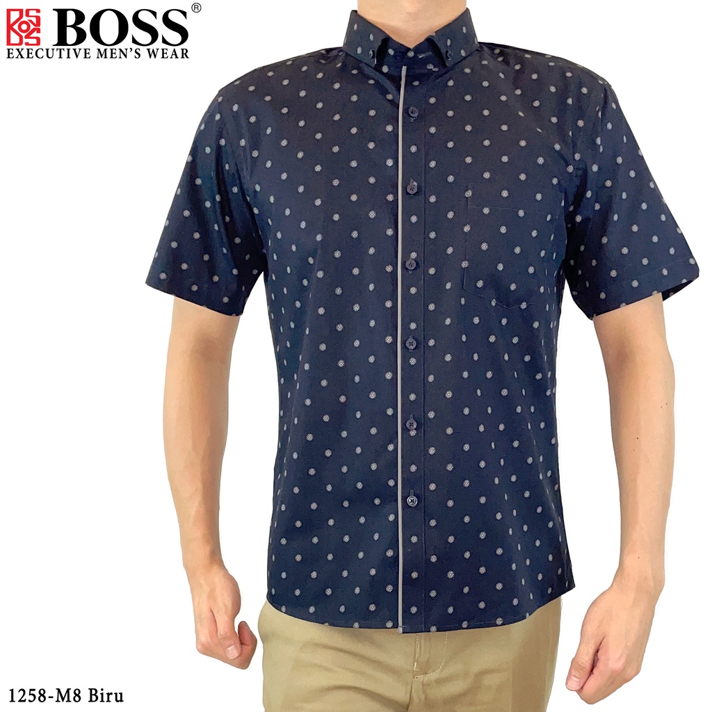 BOSS Kemeja Motif Pria Lengan Pendek Slim Fit 1258