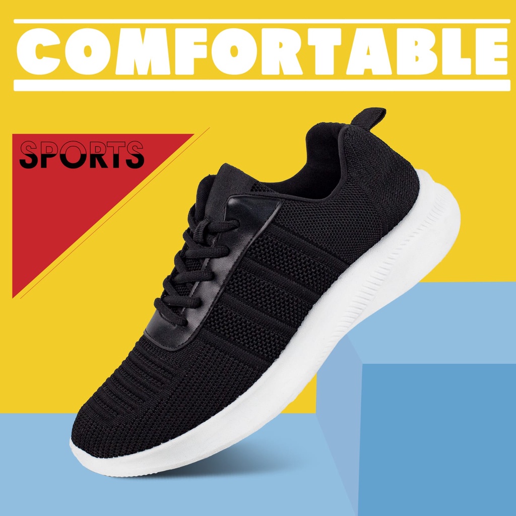 Sepatu Pria Rajut Import Sport Shoes Casual Fashion Hitam Putih Pakai Tali SP900