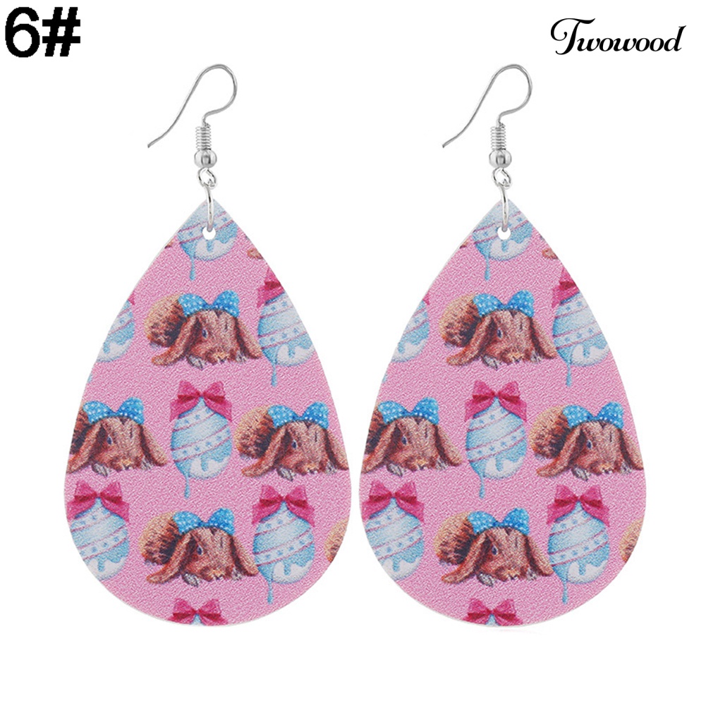 Twowood Wanita Easter Bunny Telur Teardrop Menjuntai Kulit Imitasi Kait Anting Perhiasan Hadiah