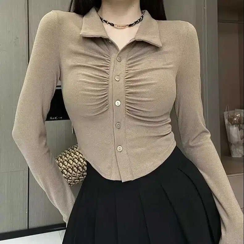 ☜✥♨Suhao Musim Gugur dan Musim Dingin Baru Temperamen Keinginan Murni Polo Kerah Lipatan Budidaya Diri Pelangsing All-Match Pendek Inst-Kemeja Lengan Panjang Top Bottoming