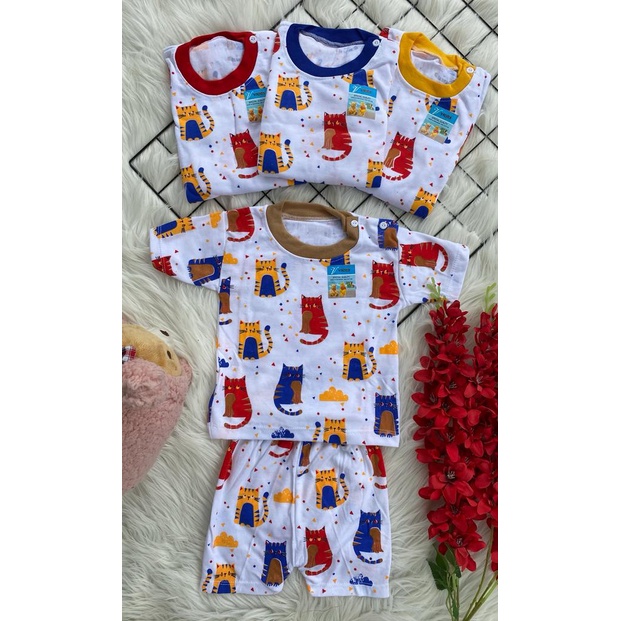 baju anak murah lucu motif kucing setelan pendek 3-18 bulan (PD008)