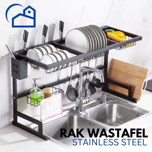 Rak Piring Wastafel Rak Cuci Piring Besi Stainless Hitam Rak Dapur 85CM