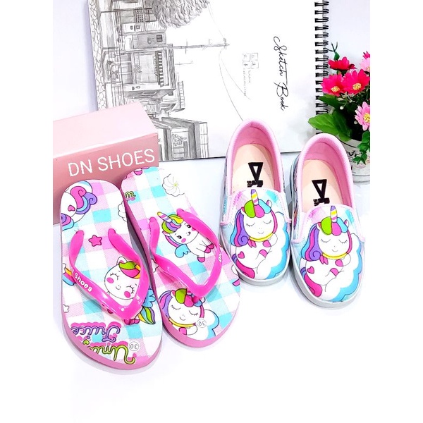 Paket Sepatu Anak Perempuan Sepatu dan Sandal Anak Slip On dan Sandal Jepit Anak Perempuan Murah Lucu Karakter Unicorn Pink Juice