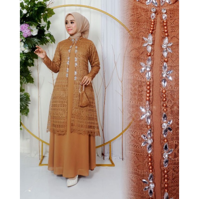 Permata Olshop / Kebaya Gamis Modern Cardigan Brukat NK / Gamis Pesta Mewah / Kebaya Gamis Kekinian / Gamis Brukat Kondangan / Brukat Payet Modern