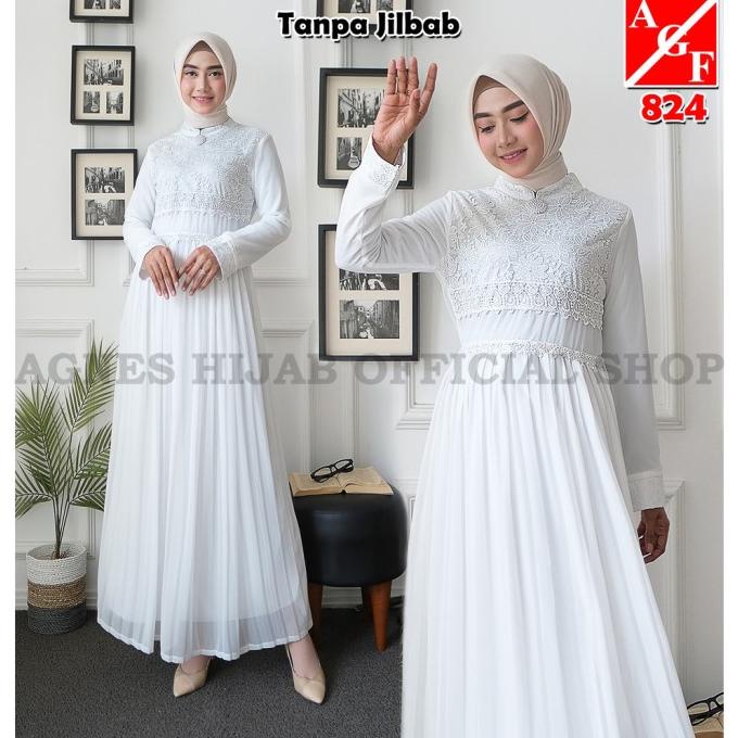 Agnes Gamis Putih Wanita Gamis Plisket Brukat Baju Muslim Wanita Busan