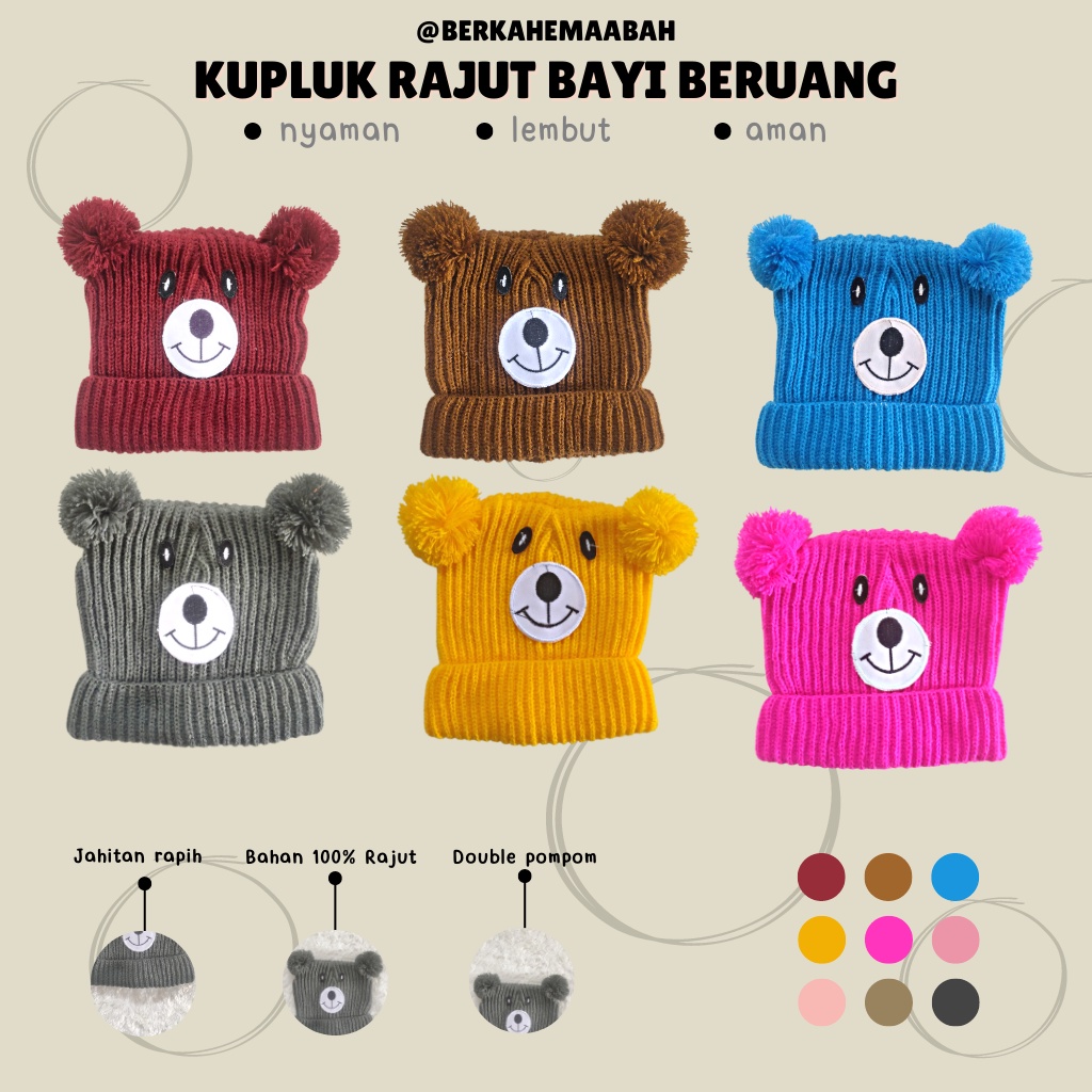 Topi Kupluk Rajut Bayi Karakter Beruang untuk Bayi umur 0-2 tahun | Kupluk Rajut Bayi Laki-laki dan Perempuan Karakter Beruang | Kupluk Rajut Bayi Pompom | Topi Kupluk Rajut Bayi Lipat | Topi Bayi | Kupluk Rajut Bayi