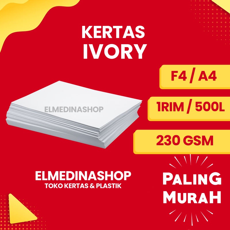 

Kertas Ivory Tebal 1 RIM Isi 500 Lembar / Undangan / Kartu Nama / Sampul Buku / Paper Bag / Brosur / Kartu Nama / Box Kemasan Produk Parfum /Makanan 230 gsm gram F4 A4 Foodgrade Polos 260 300