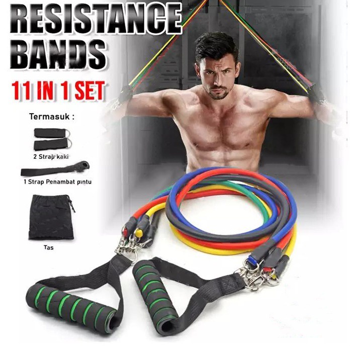 Resistance Bands 11 in 1 Set Tali Pembantu Fitness Gym Power Alat Olahraga Alat Fitness