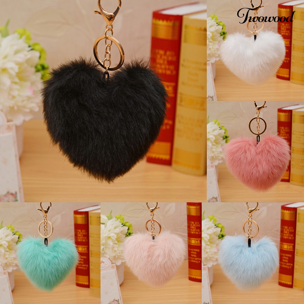 Twowood 10 cm Lucu Faux Fur Ball Pompom Bentuk Hati Gantungan Kunci Ponsel Mobil Handbag Key Ring