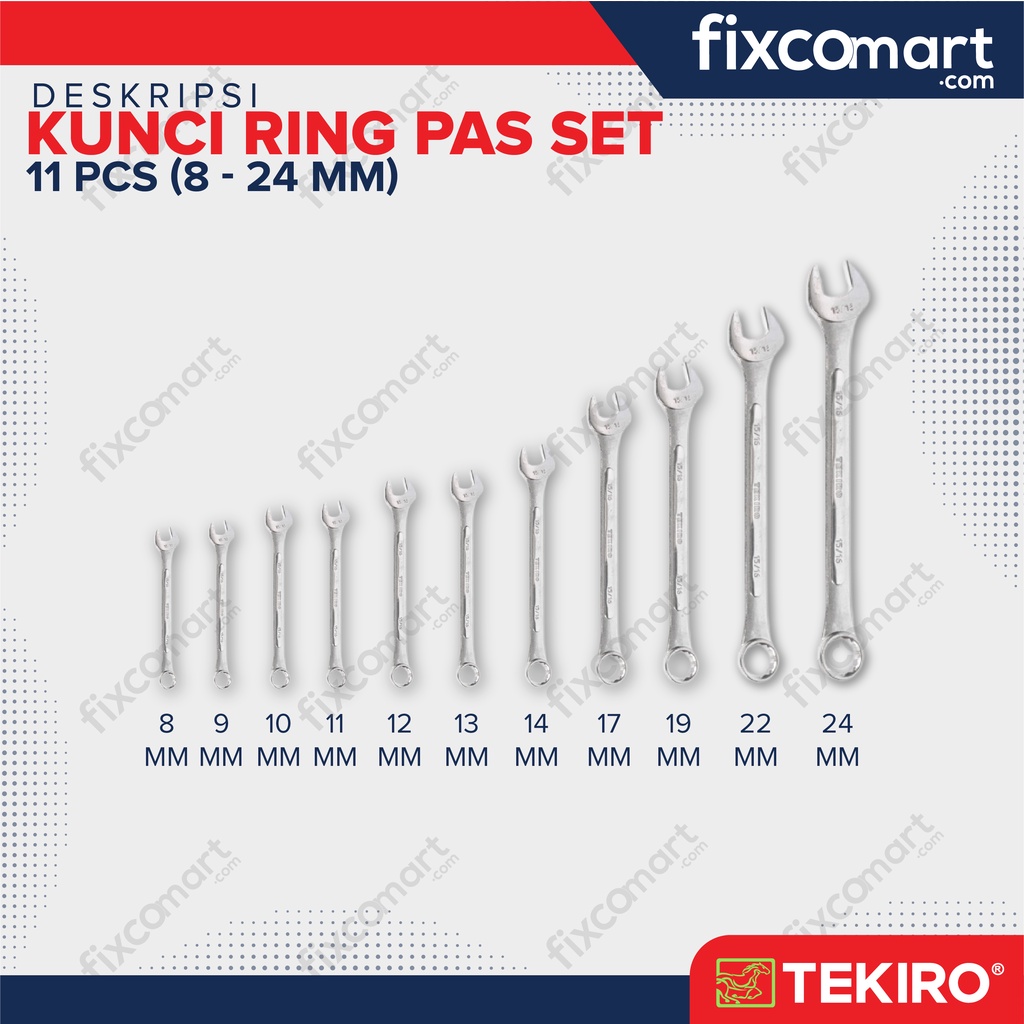 Tekiro Combination Wrench Set / Kunci Ring Pas Set 11 Pcs (8-24 Mm)