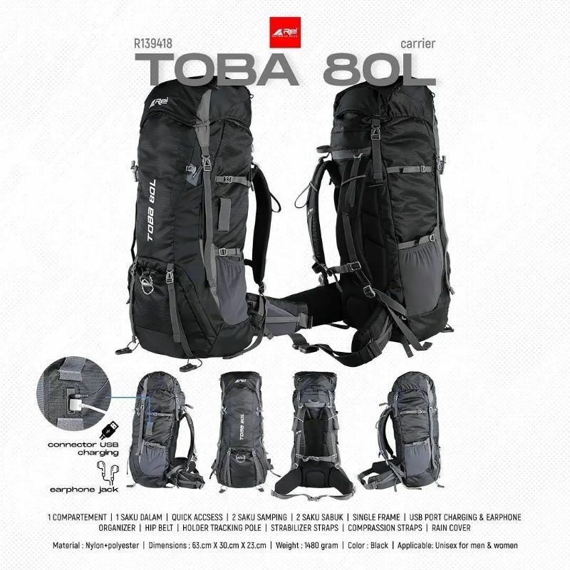 Tas Carrier Toba 80 Liter Arei Outdoorgear / Tas Gunung arei toba 80l / tas carrier Rei toba 60l