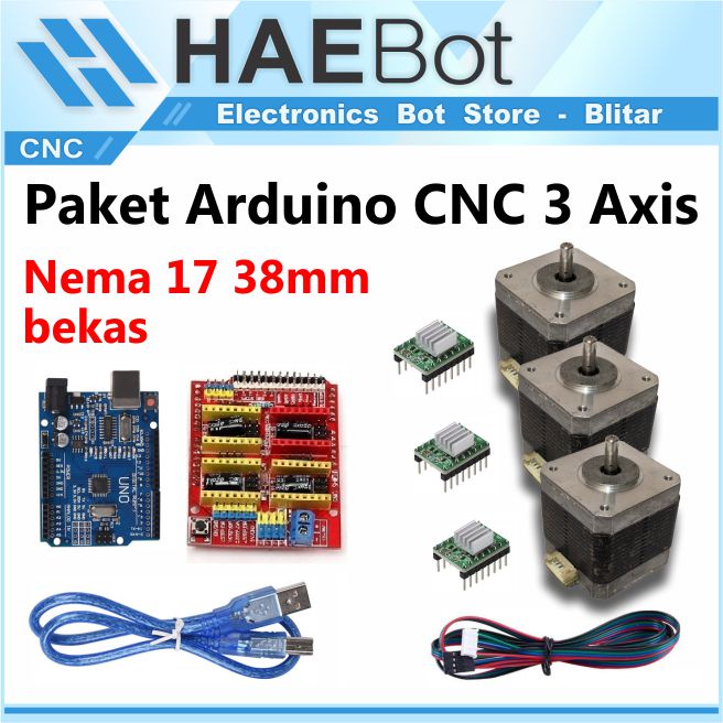 [HAEBOT] Arduinoo Uno CNC Mini Set Shield 3 Axis Nema 17 Motor Stepper Controller GRBL A4988 Router Laser Drawing Dasar Kecil Mesin Kontroler Paket Gambar