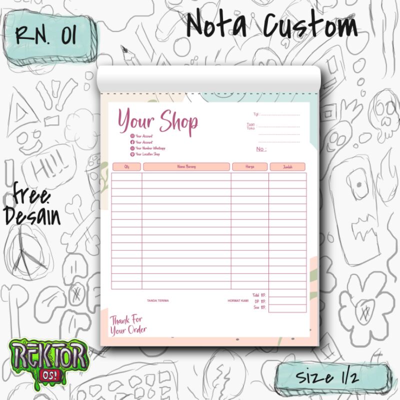 

CETAK NOTA / 1/2 FOLIO /NOTA CUSTOM / 2 PLY / NOTA FULL WARNA / FREE DESAIN / TANPA MINIMAL ORDER