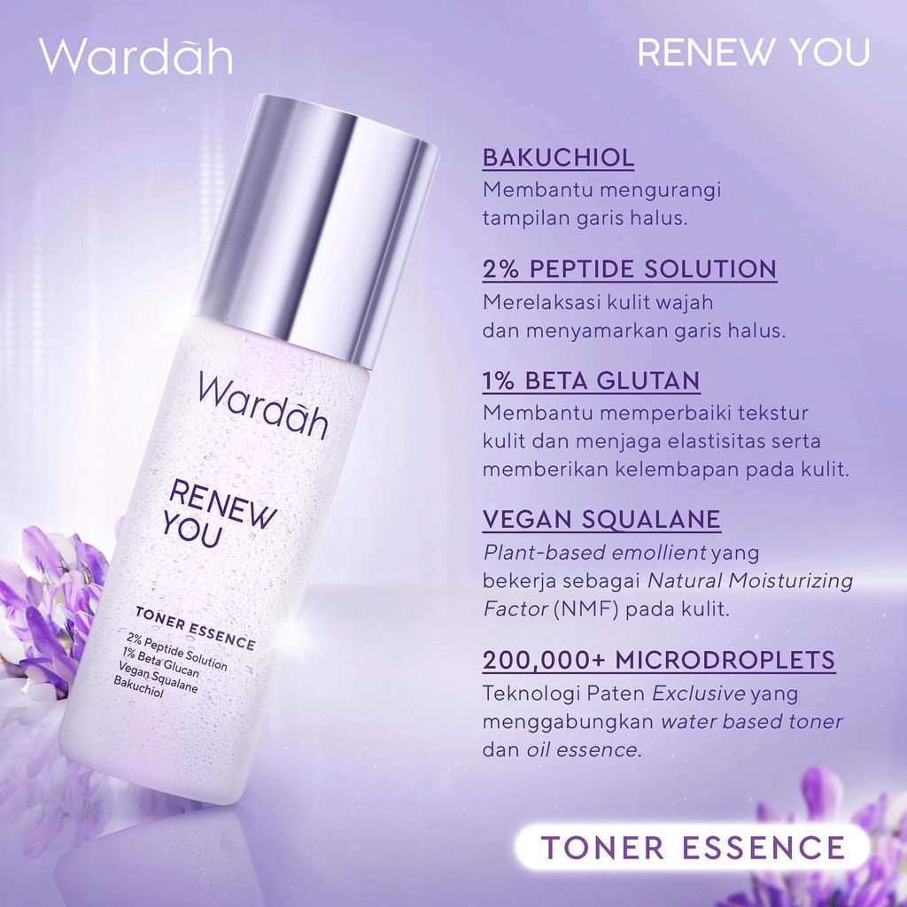 WARDAH Renew You Toner Essence Indonesia / Pelembab Wajah 50ml 100ml / 2% Peptide Solution 1% Beta Glucan Vegan Squalane Bakuchiol / Deeply Hydrate Improve Skin Texture Replump Skin / Skincare Face Care / Menyegarkan Muka / Re New Series / Anti Aging Dini