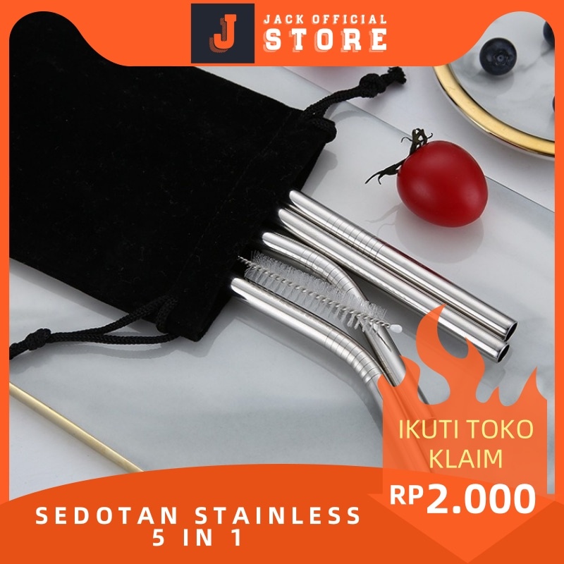 JACKSHOP 5 IN 1 SET Sedotan Stainless Reusable Sedotan Straw Sedotan Minuman