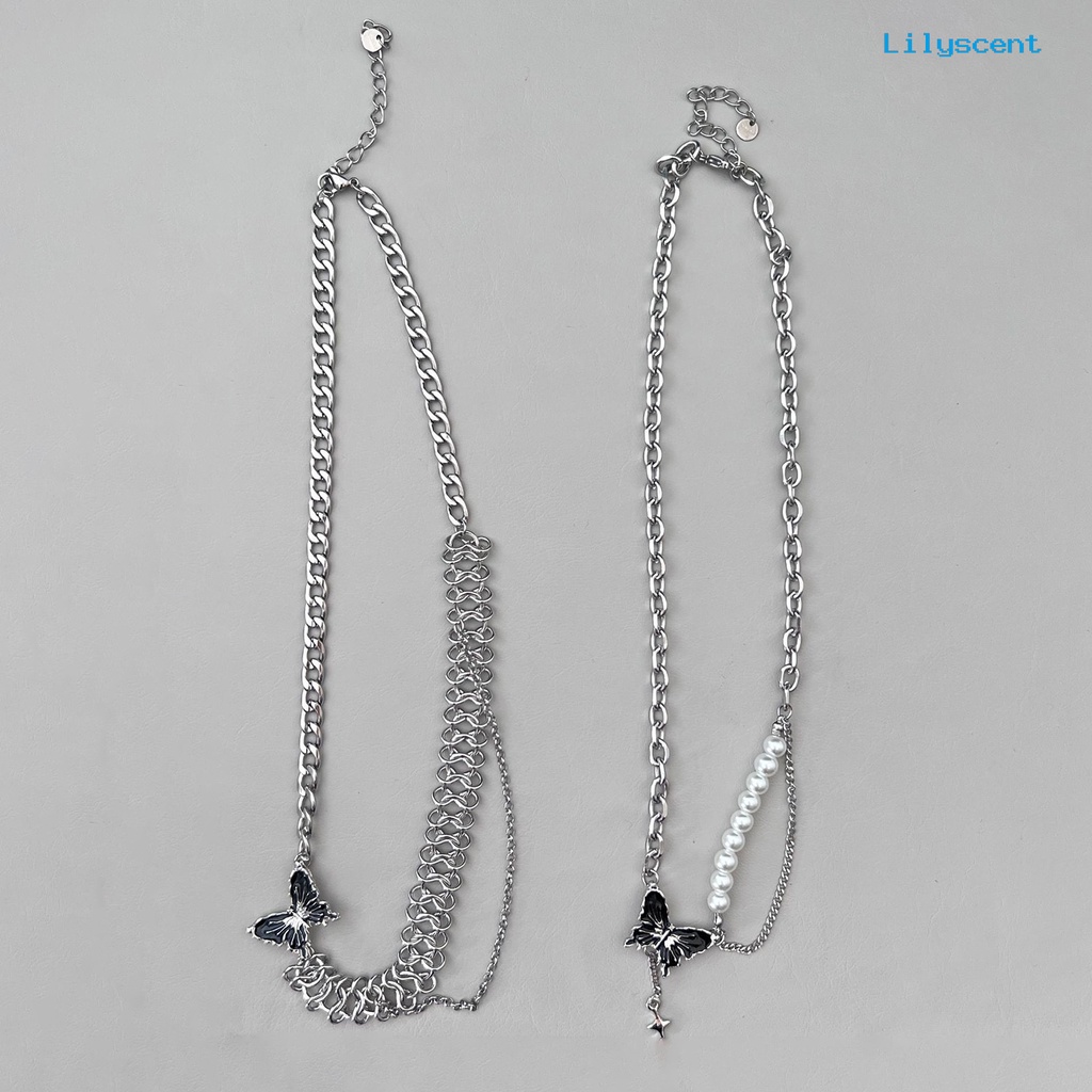 [LS]Wanita Kalung Manis Keren Asimetris Berkilau Tinggi Mutiara Imitasi Rantai Link Hadiah Kupu-Kupu Hitam Liontin Kalung Fashion Perhiasan