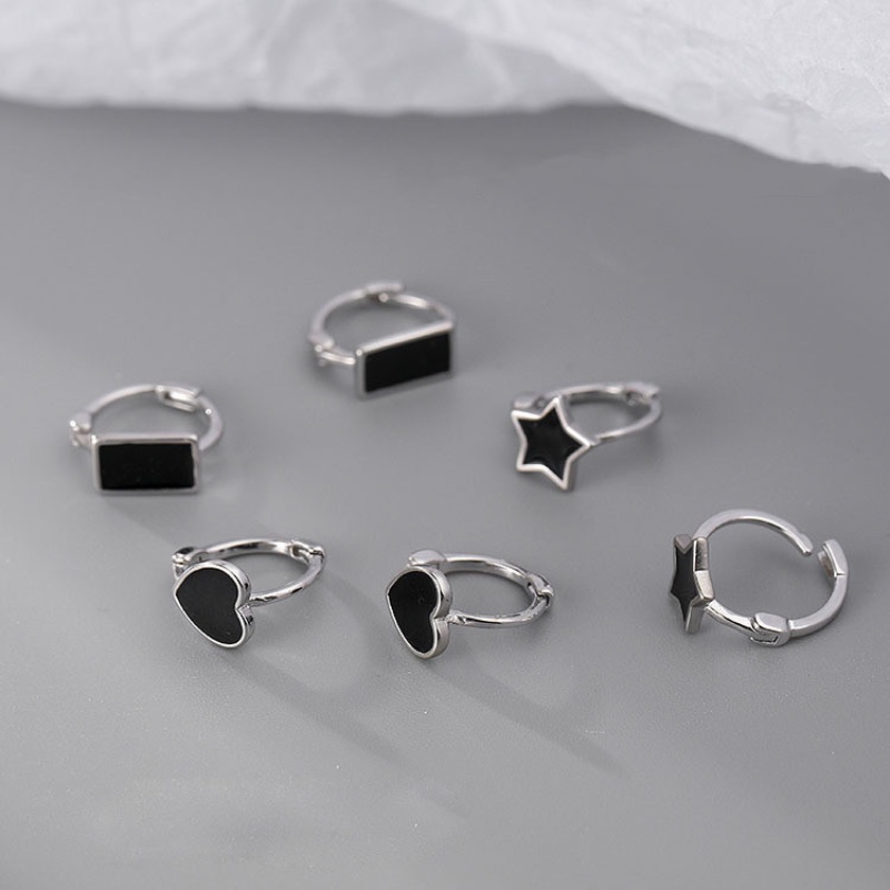 Kami Bunga Korea s925 Perak Hitam Hati Persegi Panjang Bintang Hoop Anting-Anting Untuk Wanita Gadis Chic Geometris Bulat Anting-Anting Perhiasan Hadiah