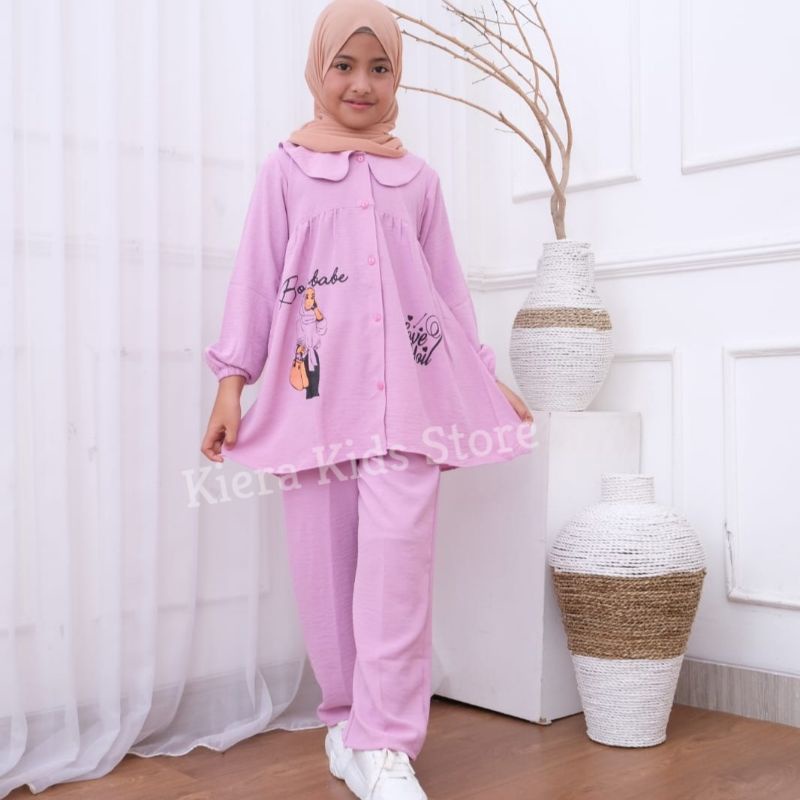 Setelan Anak Perempuan Bahan Crinkle Premium Airflo Motif Gambar Usia 3-12 Tahun