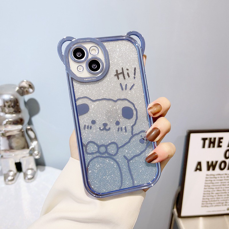 Cute Bear Glittering Big Wave Design Electroplating Soft Silicone Bunny Case hp for iPhone 14 Plus Casing IPhone 11 12 13 14 Pro Max Women's Girls Gifts Bumper Cover