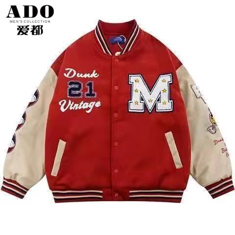 Ado American Retro Bordir Surat Bisbol Seragam Jahitan PU Kulit Hip-Hop Longgar Jaket Mantel