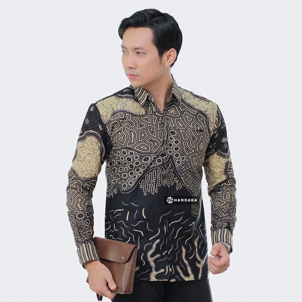 Baju Kemeja Batik Pria Lengan Panjang Slim Fit Premium Modern Full Furing Katun Halus Original Handara Motif Horizon Hitam Kuning HB-296