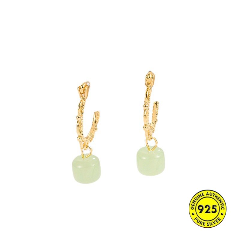 18k Emas Vintage Hetian Jade Earrings Wanita Gaya Pengadilan Anting Bermutu Tinggi U1169