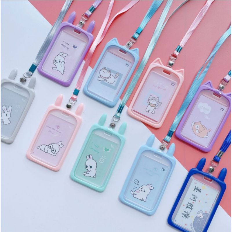 T&amp;Y Name Tag Lanyard Gantungan Kartu Karakter Kucing Lucu Akses MRT Busway E-Money Flazz BRIzi Bentuk Motif Warna Pastel Lanyart Card Holder Id Card