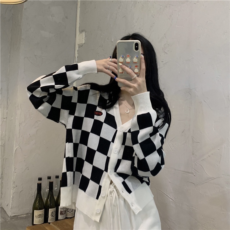 MOOGU ♡ Cardigan kotak-kotak kardigan rajut lengan panjang coat wanita