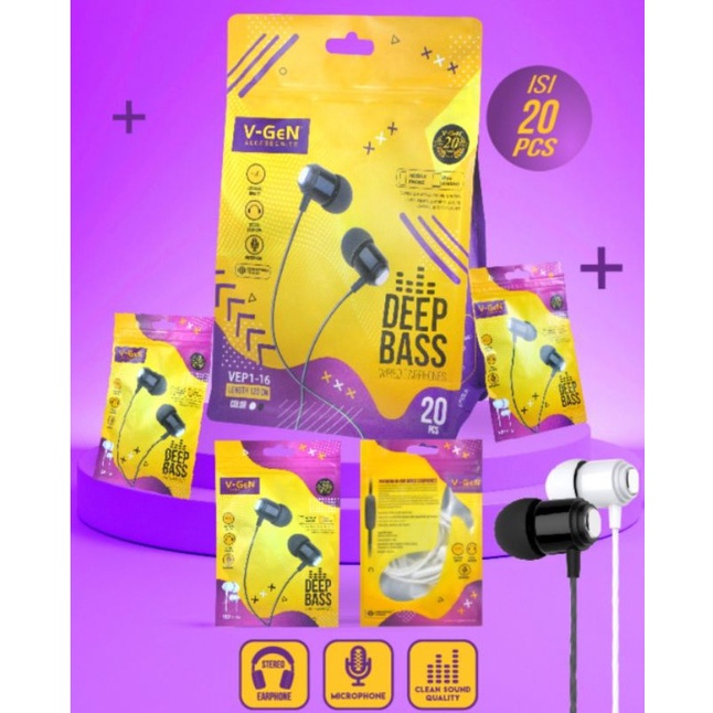 Headset-Handsfree Earphone V-Gen VEP1-16-Handsfree V-GEN Wired Earphones Deep Bass-Headset V-GEN Extra Bass-Headset Gaming Full Bass V-Gen VEP1-16 With Mic