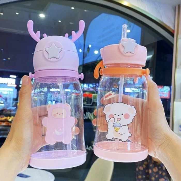 FREE ONGKIR !! Botol Air Minum + Tali TANDUK RUSA 600 ML Food Grade Anak Sedotan Lucu