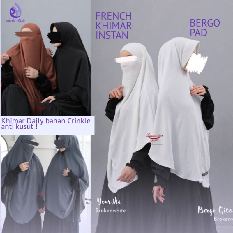 French Khimar Instan Crinkle & Bergo Qita Pad Crinkle | khimar daily ANTI KUSUT langsung slup by Khu