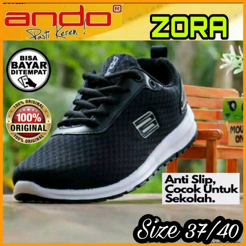 ANDO Sepatu Sekolah Kerja Cewek Cowok Keren Kekinian Spatu Zora Tali Hitam Putih Black White Size 37-40 Original Berkualitas