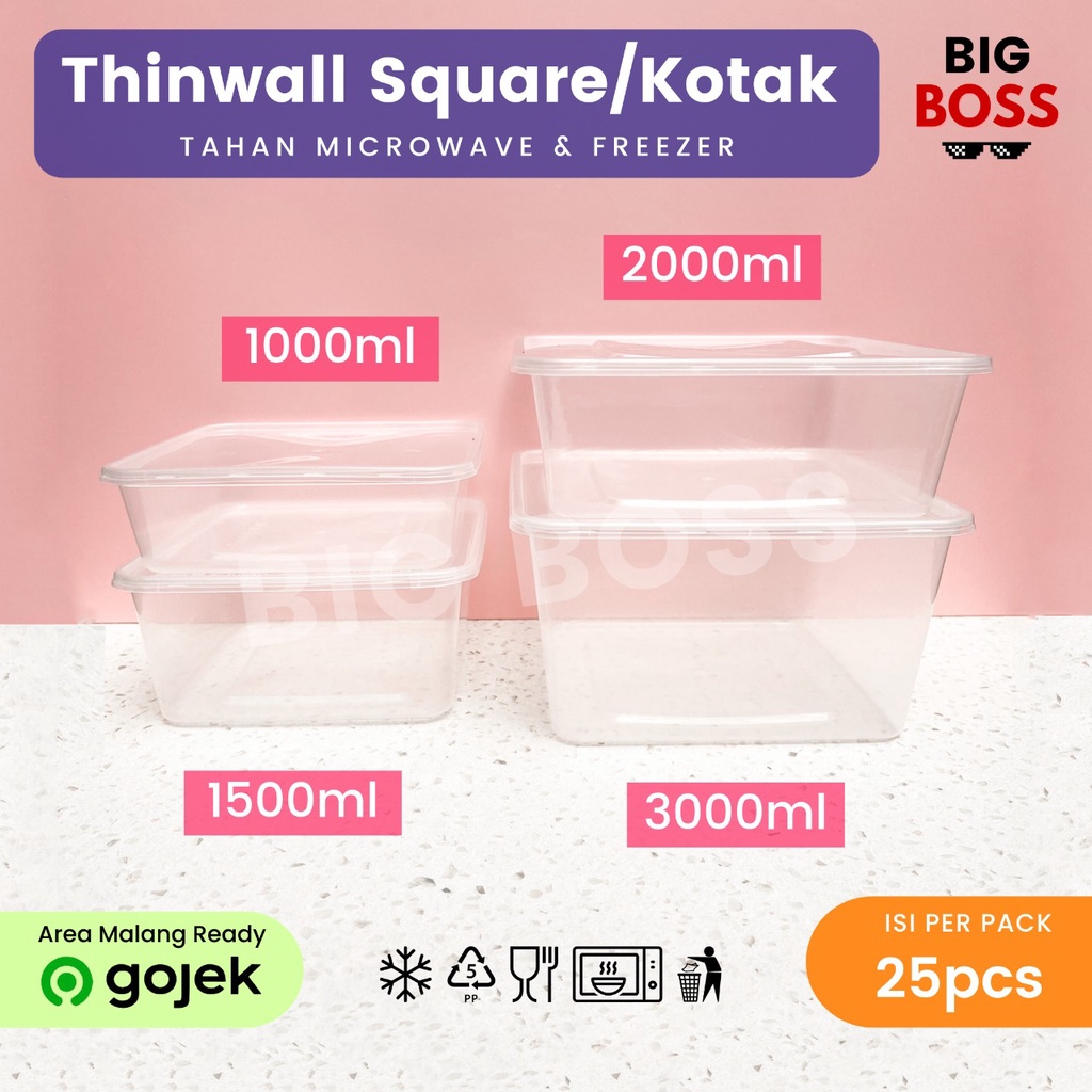 [ISI 25 PCS] Thinwall Square 3000ml / Kotak Makan Plastik Persegi / Food Container Food Grade PREMIUM