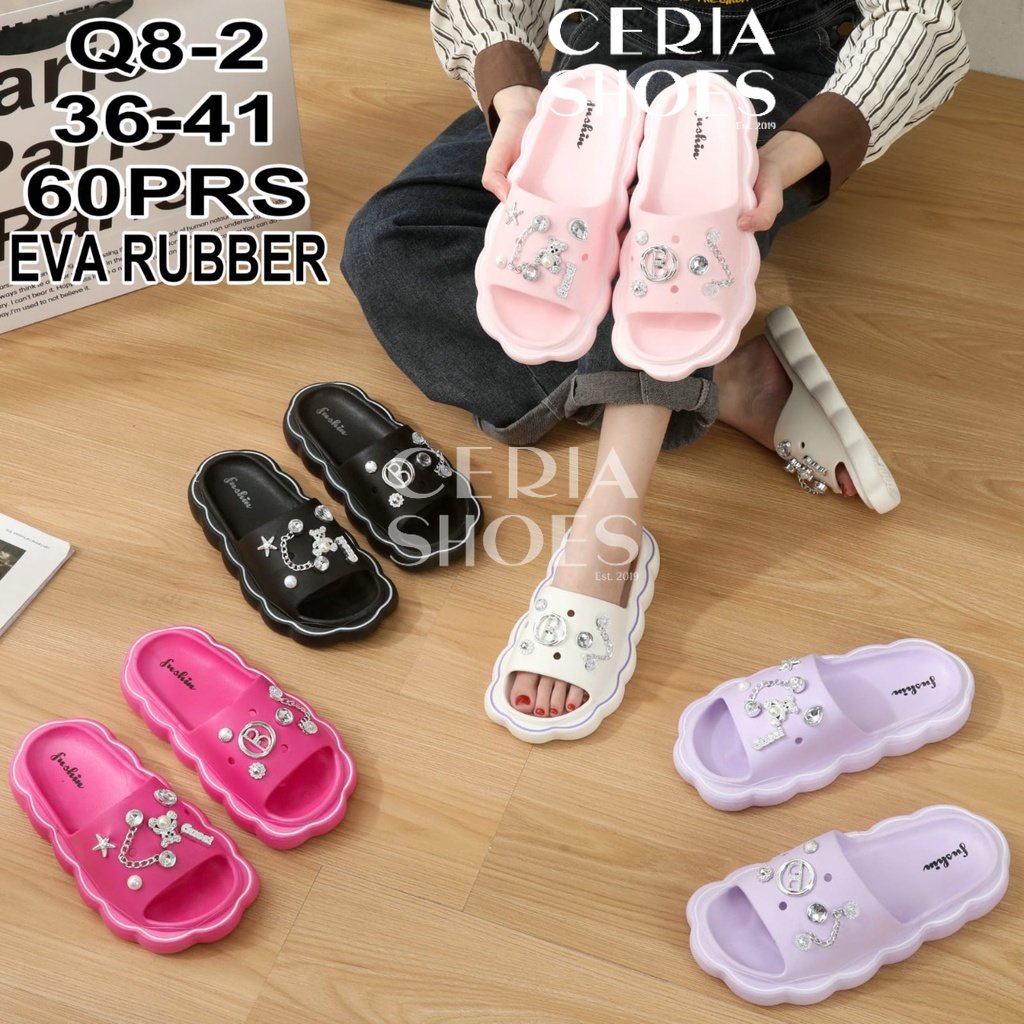 PVC Sandal Slop Wanita Karet Jelly Import Motif Jibbitz Silver Bear Chain Bahan Rubber Non-Slip Empuk Elastis Q8-2