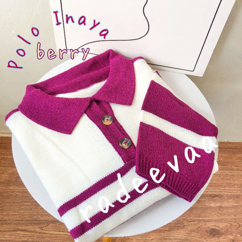 POLO SWEATER CROP INAYA STRIPE KNIT OVERSIZE TOP ATASAN RAJUT WANITA MOTIF GARIS BERKERAH KOREA