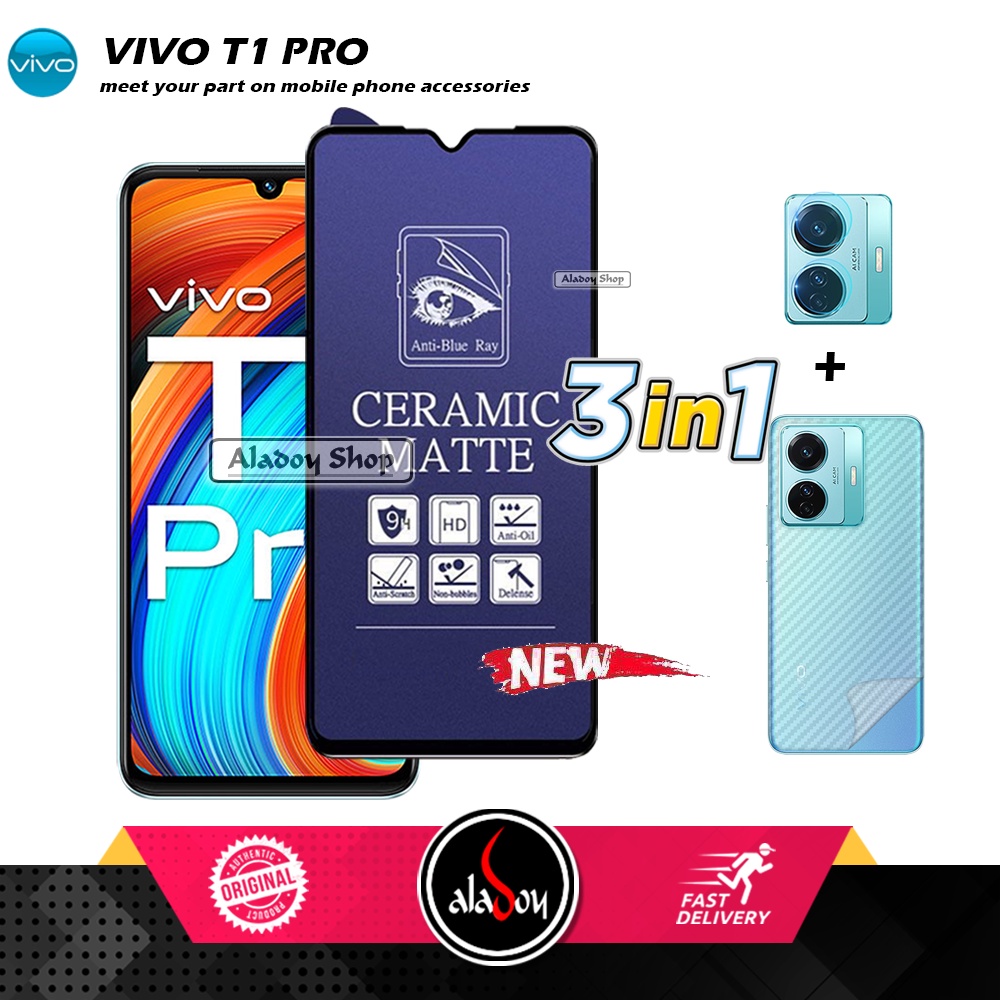 PAKET 3IN1 Anti Gores Blue Matte Anti Glare Vivo T1 Pro + Tempered Glass Camera dan Skin Carbon