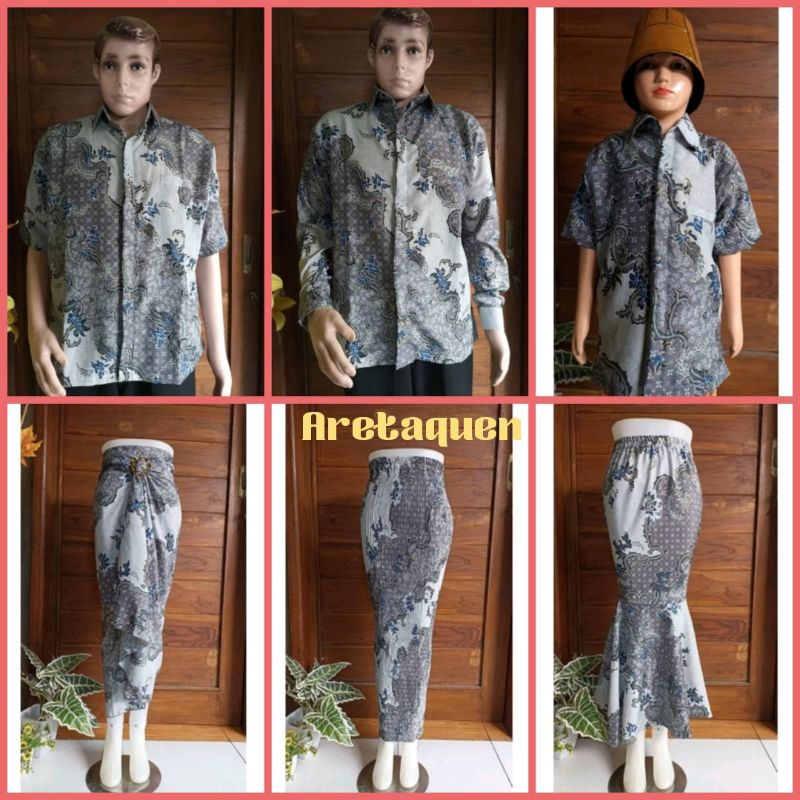 Couple batik keluarga motif Kenanga silver kemeja batik rok plisket rok lilit rok duyung rok plisket instan