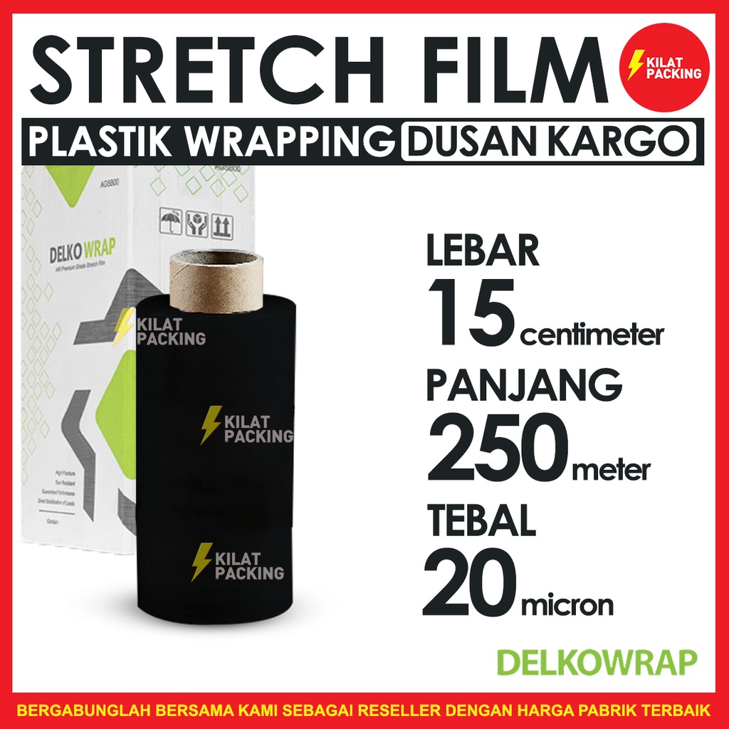 

PLASTIK WRAPPING HITAM 15CM X 250M STRETCH FILM DELKOWRAP PLASTIC WRAP 15CM DUS 18 Roll