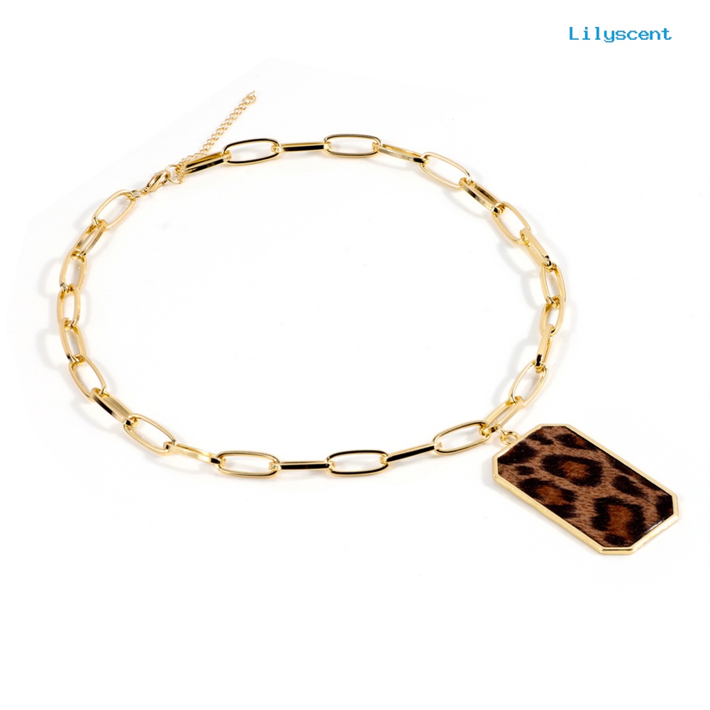 [LS]Fashion Wanita Motif Leopard Persegi Liontin Rantai Panjang Kalung Perhiasan Hadiah