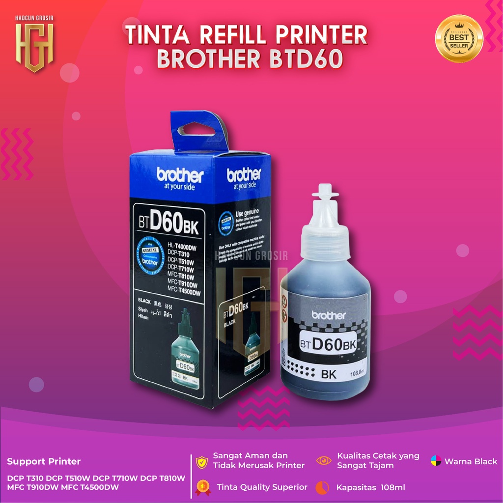 Tinta Brother BTD60 Black Tinta Printer DCP T300 T500W T700W T800W T310 T510W T710W T810W