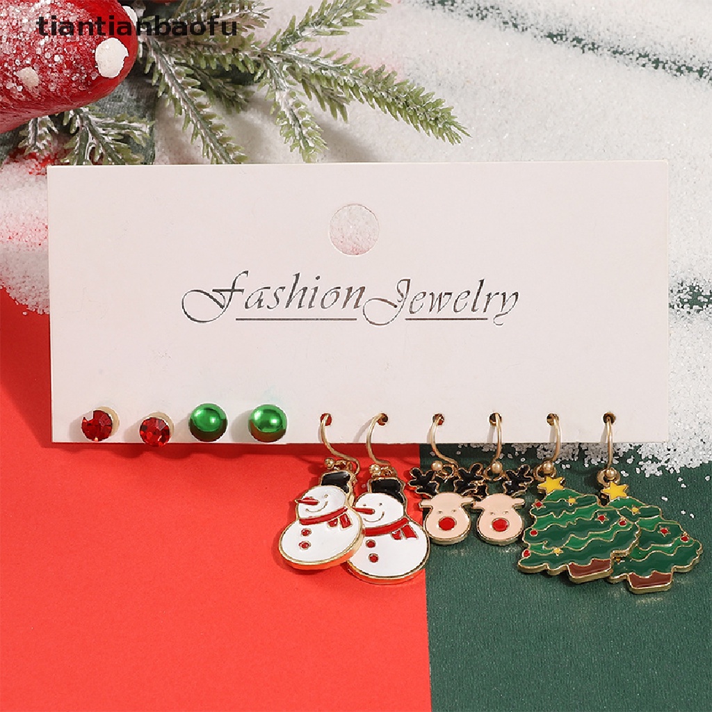 [tiantianbaofu] 5pasang Fashion Anting Natal Xmas Tree Brown Elk Snowman Santa Claus Stud Earrings Christmas Drop Earrings Pesta Telinga Perhiasan Aksesoris Butik