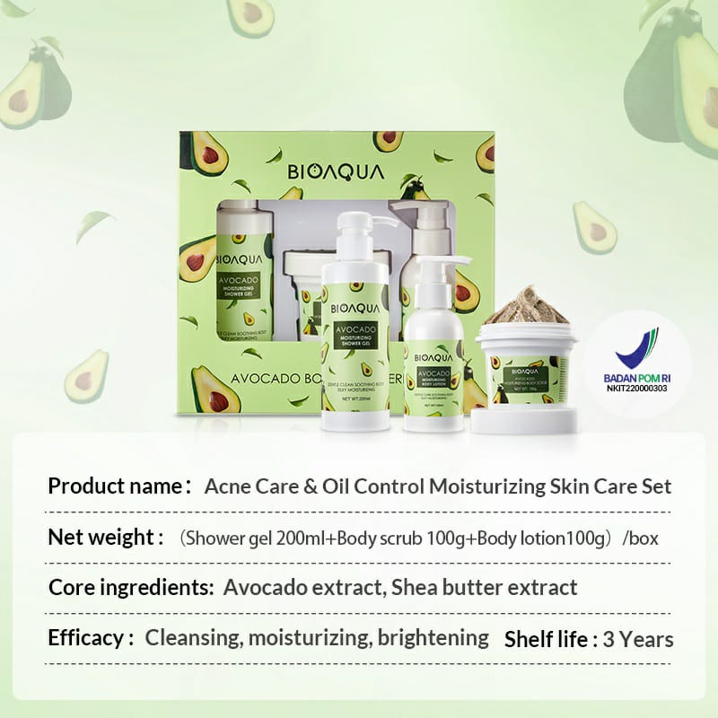 BIOAQUA Avocado Body Care Series Set 3pcs With Body Wash/Body Scrub/Body Lotion Memperbaiki kulit kering