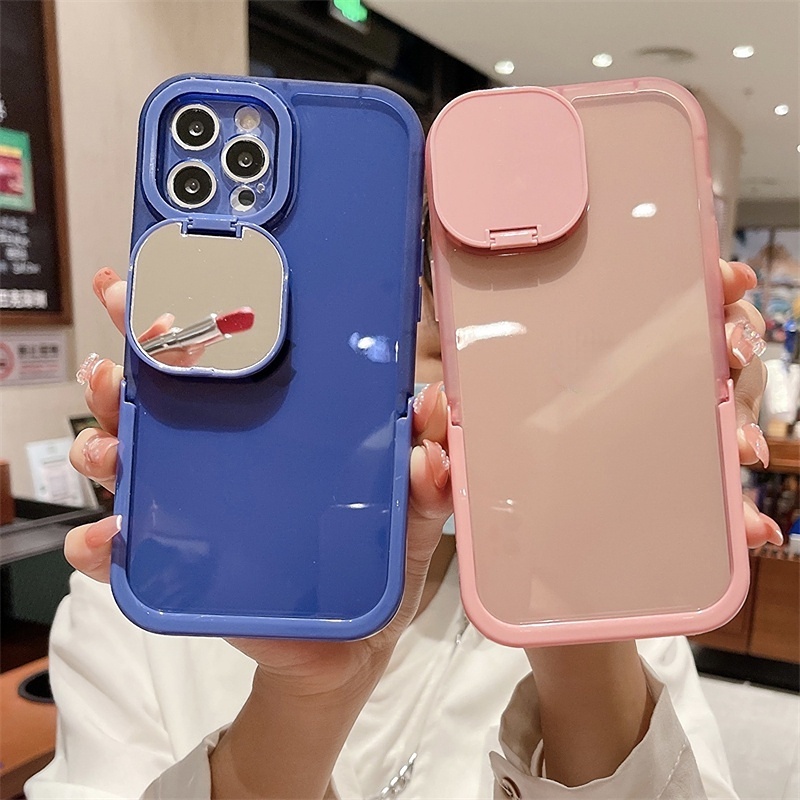 Cermin Flip Multi Fungsional Desain Warna Casing Transparan Untuk Ponsel14 13 12 11 Pro X XS Max XR 14Plus All Inclusive Holder Phone Fall Case