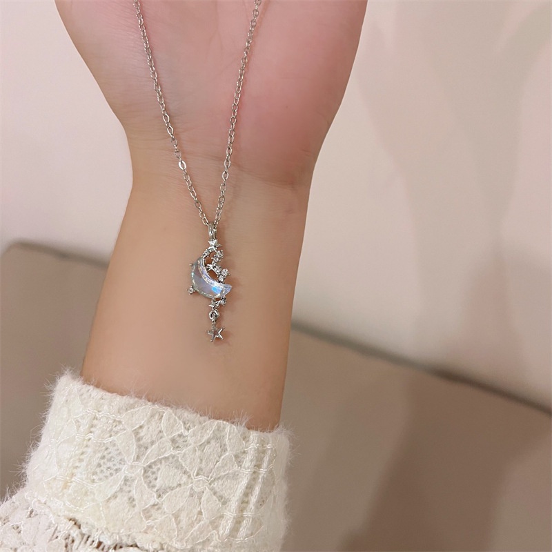 Kalung Rumbai Bintang Dan Bulan Batu Mengkilap Warna-Warni Antik Mewah Bertatahkan Berlian Perak Starry Necklace Hadiah Ulang Tahun Sahabat Terbaik