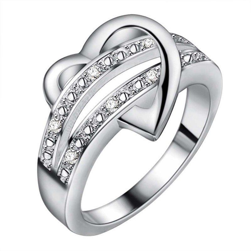 Fancyqube Sederhana Berbentuk Hati Cincin Perak Perempuan Zirkon Cincin Baris Ganda Zirkon Cincin Hadiah Perjamuan Liburan