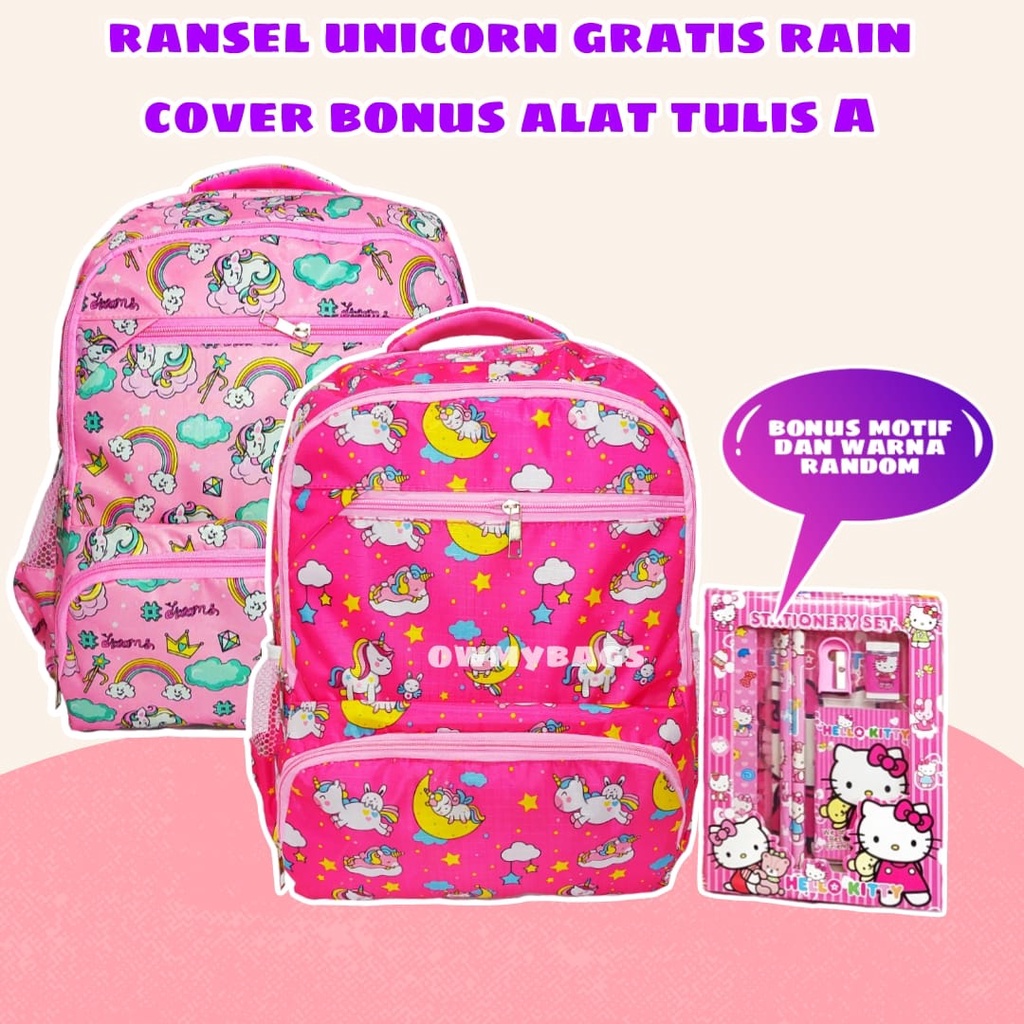 Tas Sekolah Anak Perempuan Gratis Hadiah - Tas Anak SD - Ransel Unicorn - Tas Karakter Hello Kitty - Tas Lucu - Tas Gratis Botol - Tas Anak SD/SMP/SMA - Ransel Anak Perempuan - Ransel Anak Berbonus Banyak - Joyashuz