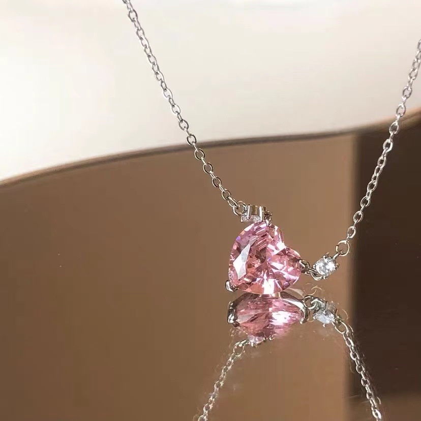 Pandora Kalung925 Perak Pink Cubic Zirconia Berlian Hati Liontin Kalung Wanita Fashion Perhiasan Aksesoris