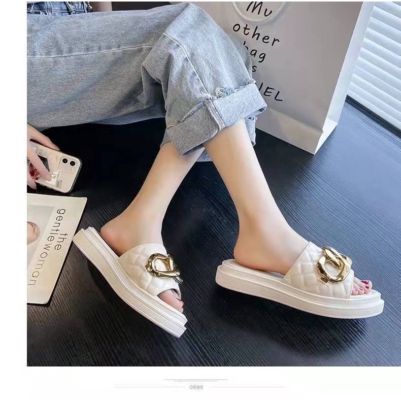 Sandal Slop Flat Wanita Slip On Model Rantai Bulat Fashion Style Kasual Cewek Nyaman Empuk PVC Satu7an SPT-40